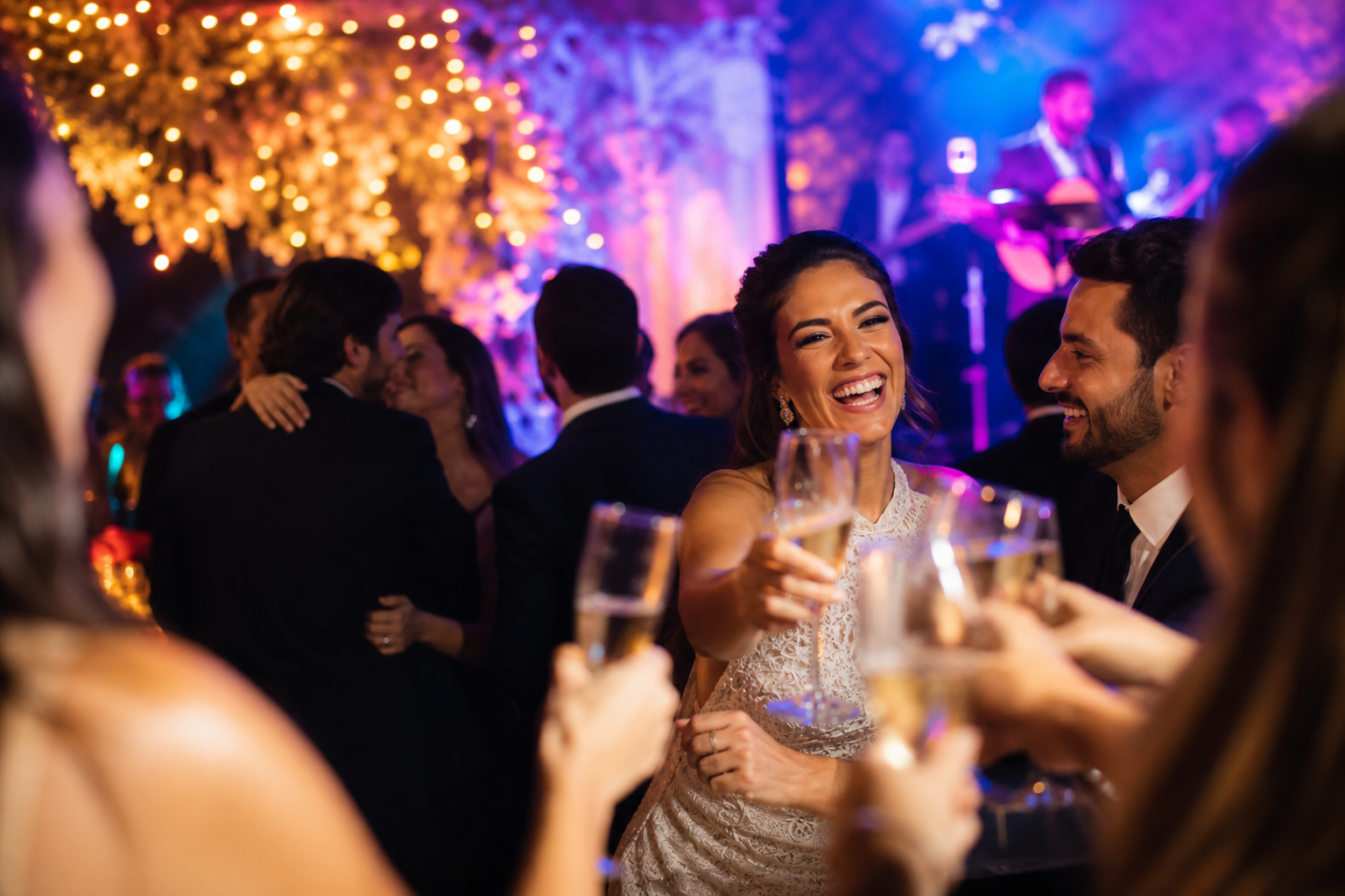 Celebração elegante de evento à noite, com brinde e luzes — o momento que sua assessoria entrega
